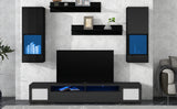 ON-TREND Extended, Rattan Style Entertainment Center, 7 Pieces Floating TV Console Table for TVs Up to 90'', High Gloss Wall Mounted TV Stand with Color Changing LED Lights for Home Theatre, Black.