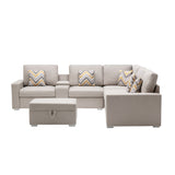 Nolan Beige Linen Fabric 7Pc Reversible Sectional Sofa with Interchangeable Legs, Pillows, Storage Ottoman, and a USB, Charging Ports, Cupholders, Storage Console Table