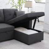 Dennis Dark Gray Linen Fabric Reversible Sleeper Sectional with Storage Chaise and 2 Stools