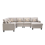 Nolan Beige Linen Fabric 6Pc Reversible Chaise Sectional Sofa with Pillows and Interchangeable Legs