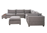 Madison Light Gray Fabric 7Pc Modular Sectional Sofa with Ottoman and USB Storage Console Table