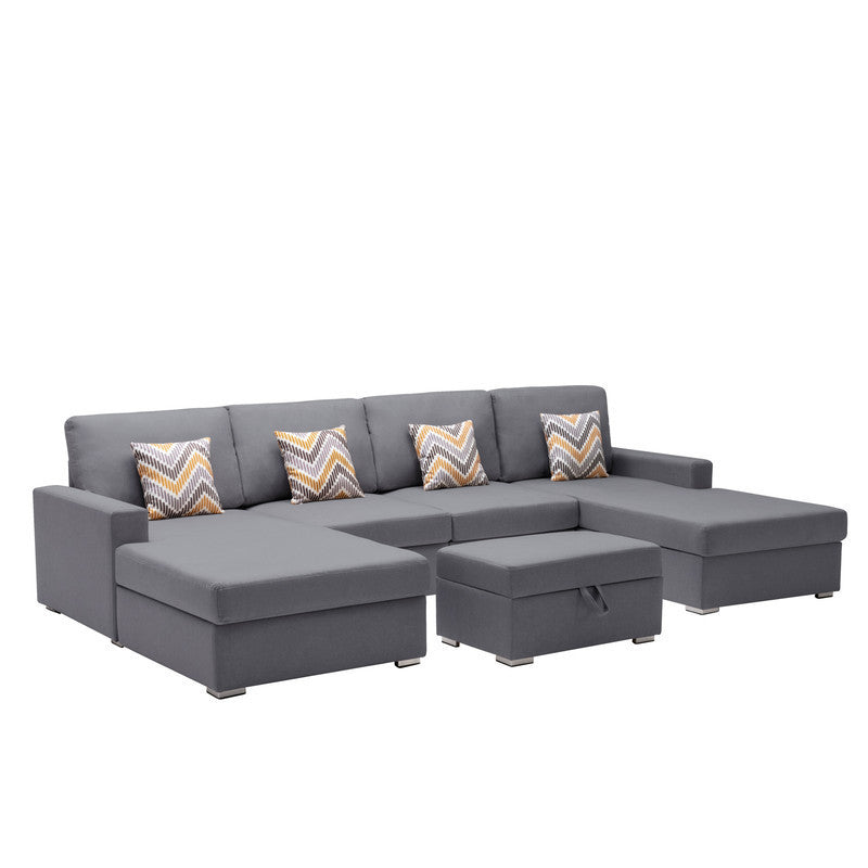 Nolan Gray Linen Fabric 5Pc Double Chaise Sectional Sofa with Interchangeable Legs, Storage Ottoman, and Pillows
