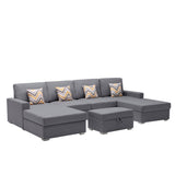 Nolan Gray Linen Fabric 5Pc Double Chaise Sectional Sofa with Interchangeable Legs, Storage Ottoman, and Pillows