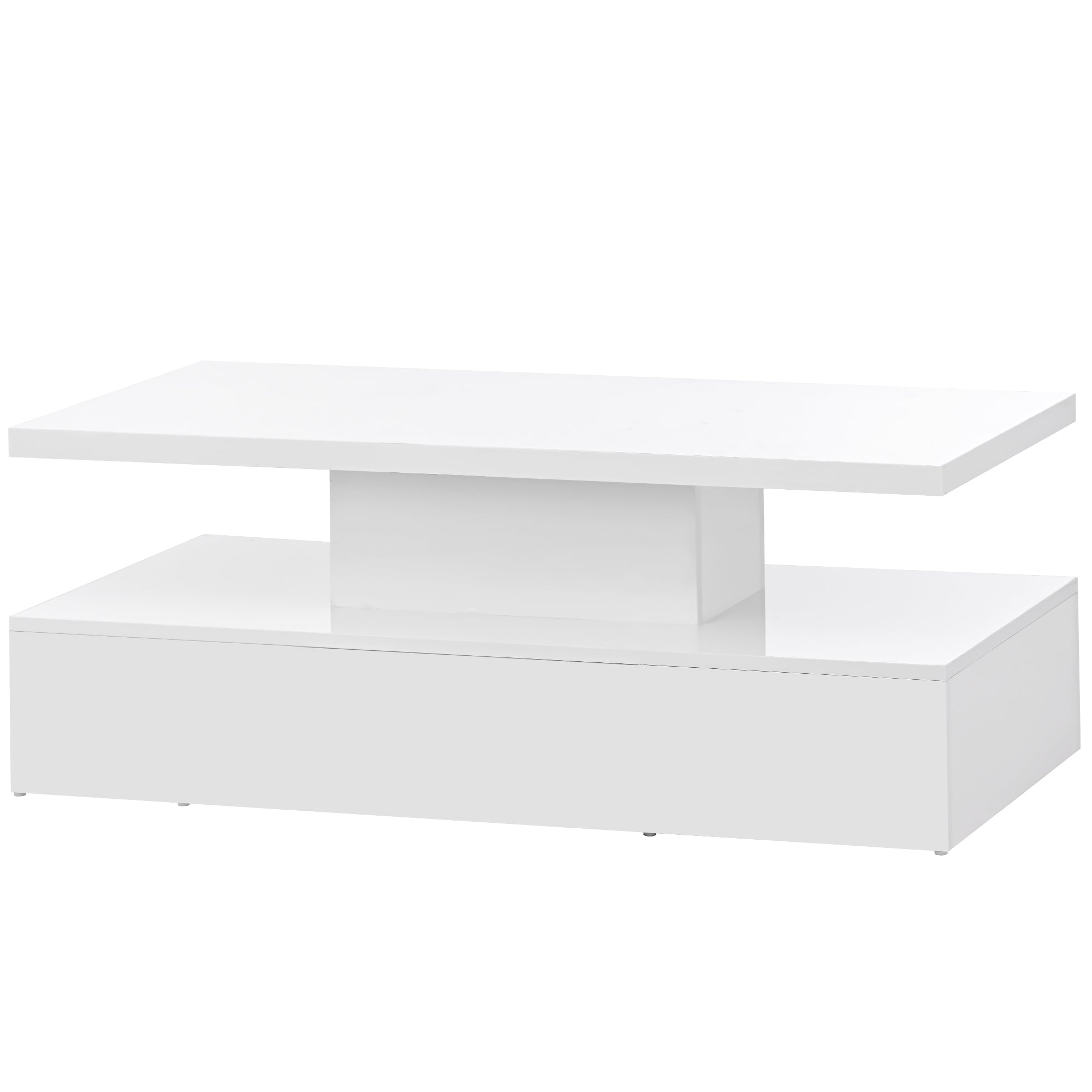 ON-TREND Modern Glossy Coffee Table With Drawer, 2-Tier Rectangle Center Table with LED lighting for Living room, 39.3''x19.6''x15.3'', White