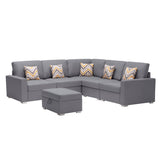 Nolan Gray Linen Fabric 6Pc Reversible Sectional Sofa with Pillows, Storage Ottoman, and Interchangeable Legs