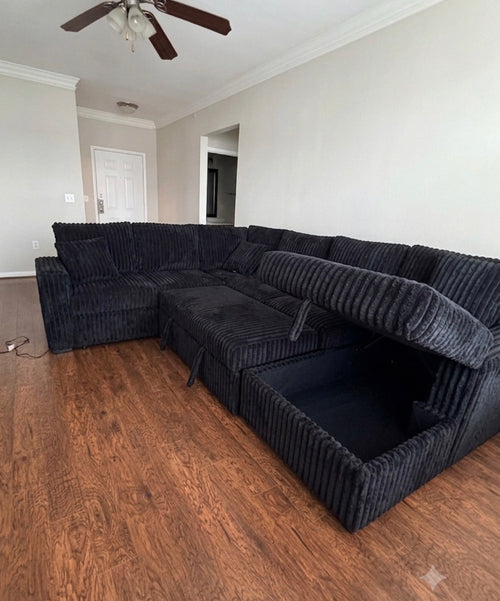BLUETOOTH SPEAKERS 3PC BLACK CORDUROY OVERSIZED SECTIONAL