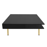 ON-TREND Exquisite High Gloss Coffee Table with 4 Golden Legs and 2 Small Drawers, 2-Tier Square Center Table for Living Room, Black