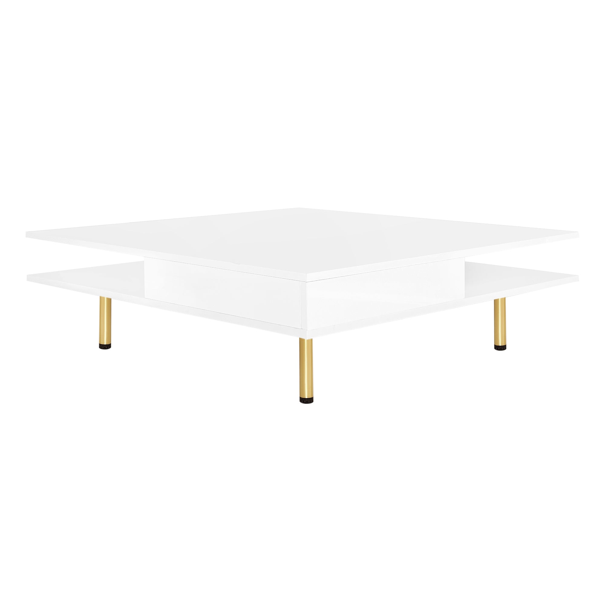 ON-TREND Exquisite High Gloss Coffee Table with 4 Golden Legs and 2 Small Drawers, 2-Tier Square Center Table for Living Room, White
