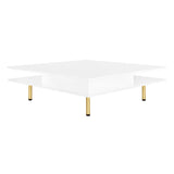 ON-TREND Exquisite High Gloss Coffee Table with 4 Golden Legs and 2 Small Drawers, 2-Tier Square Center Table for Living Room, White