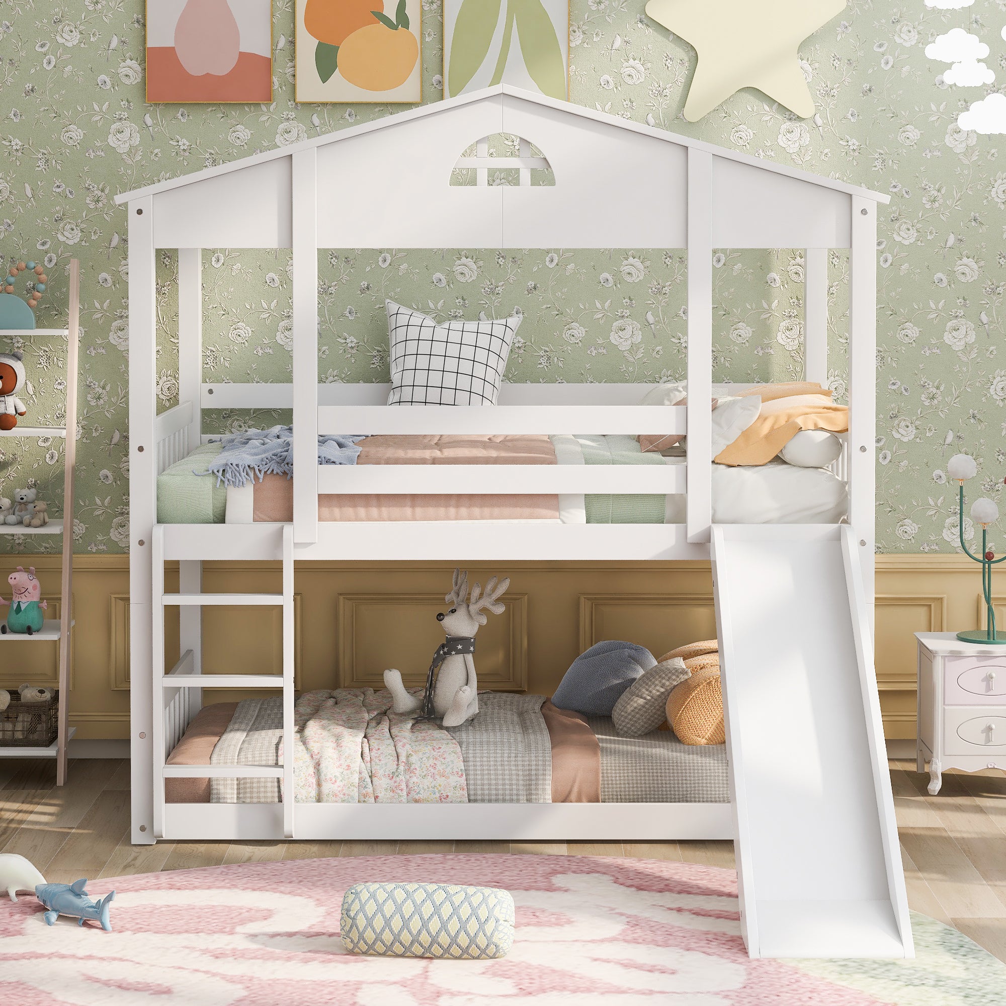 Twin over Twin House Bunk Bed with Convertible Slide and Ladder,Converts into 2 Separate Platform Beds,White