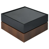 ON-TREND Multi-functional Square 360°Rotating Coffee Table with 2 Drawers, High Gloss 2-Tier Center Table with Swivel Tabletop and Storage, Walnut Table Frame Side Table for Living Room, Black