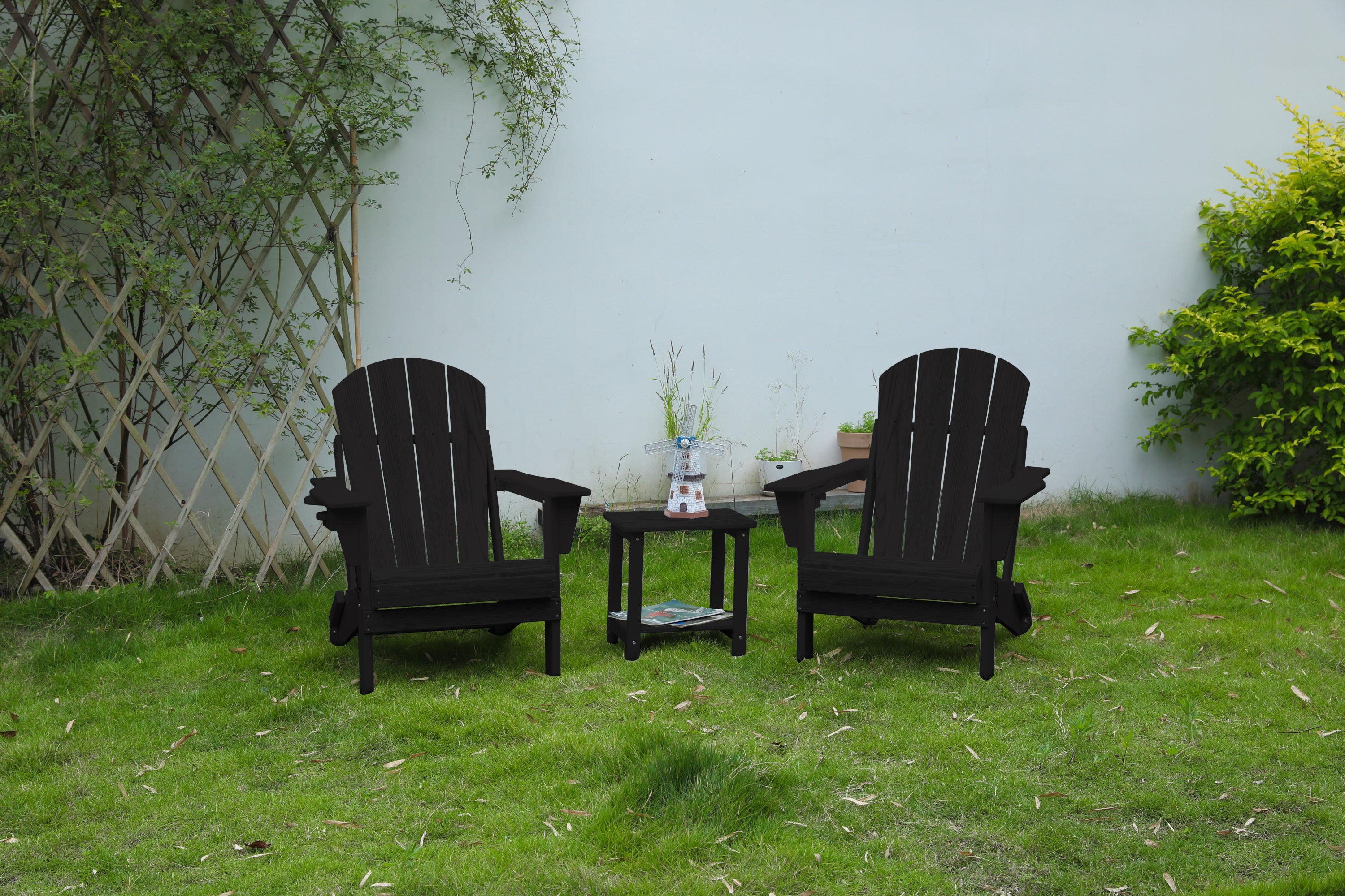 Folding Adirondack Chair with Side Table, 3-Piece Adirondack Chair Set with Wood Texture, Black(includes 2 Chairs and 1 Table)