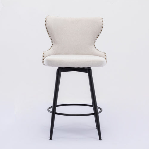 A&A Furniture,Counter Height 25" Modern Linen Fabric bar chairs,180° Swivel Bar Stool Chair for Kitchen,Tufted Cupreous Nailhead Trim Burlap Bar Stools with Metal Legs,Set of 2 (Beige)