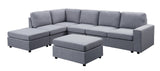 Cassia Light Gray Linen 7 Seat Reversible Modular Sectional Sofa with Ottoman