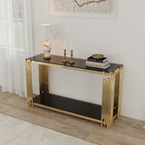 Modern Glass Console Table, 55" Gold Sofa Table with Sturdy Metal Frame and Black Tempered Glass Top, for Living Room Entryway Bedroom, Gold Finish