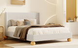 Modern Boucle Upholstered Platform Bed with Wingback Headboard and Round Wooden Legs, Beige,King Size