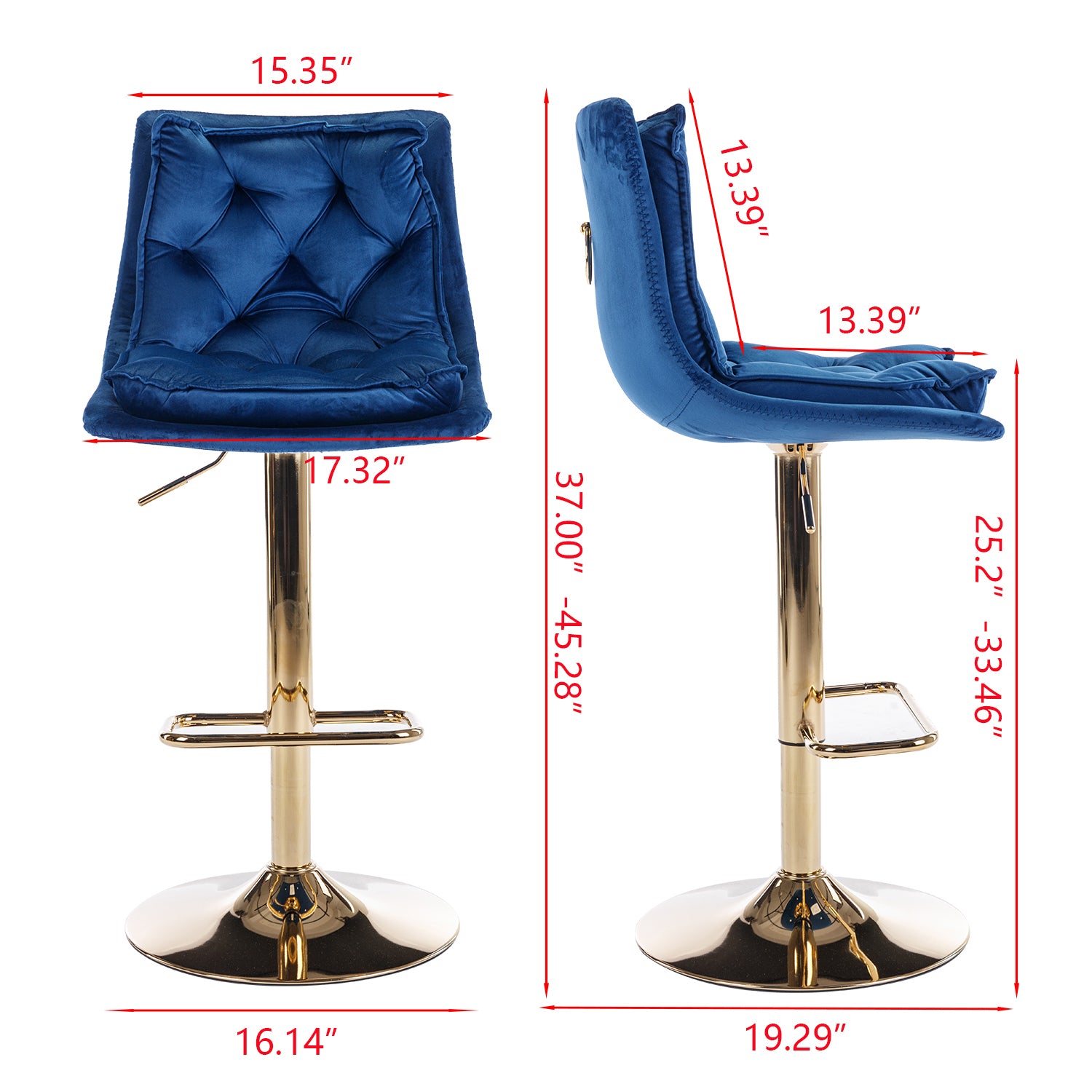 Set of 2 Bar Stools,with Chrome Footrest and Base Swivel Height Adjustable Mechanical Lifting Velvet + Golden Leg Simple Bar Stoo,blue