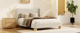 Modern Velvet Upholstered Platform Bed with Wingback Headboard and Round Wooden Legs, Cream,King Size