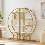 4 Tiers Home Office Open Bookshelf, Round Shape, Different Placement Ways, MDF Board, Gold Metal Frame, White