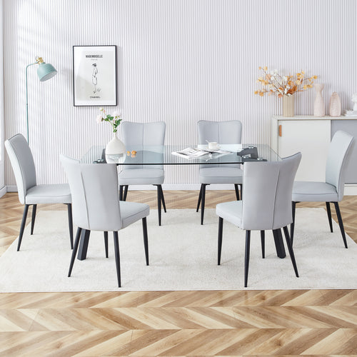 Table and chair set. 1 table and 6 light grey chairs. Glass dining table with 0.31-inch tempered glass tabletop and black coated metal legs. Equipped with light grey PU chairs 1123 008