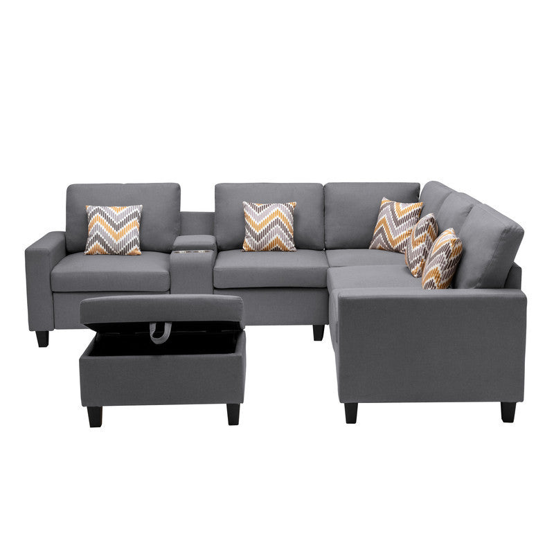 Nolan Gray Linen Fabric 7Pc Reversible Sectional Sofa with Interchangeable Legs, Pillows, Storage Ottoman, and a USB, Charging Ports, Cupholders, Storage Console Table