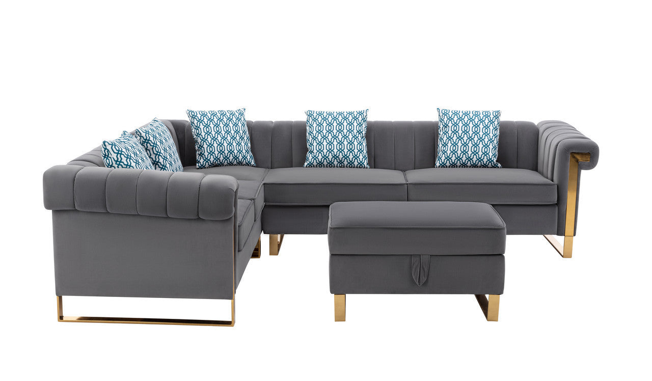 Maddie Gray Velvet 6-Seater Sectional Sofa with Storage Ottoman