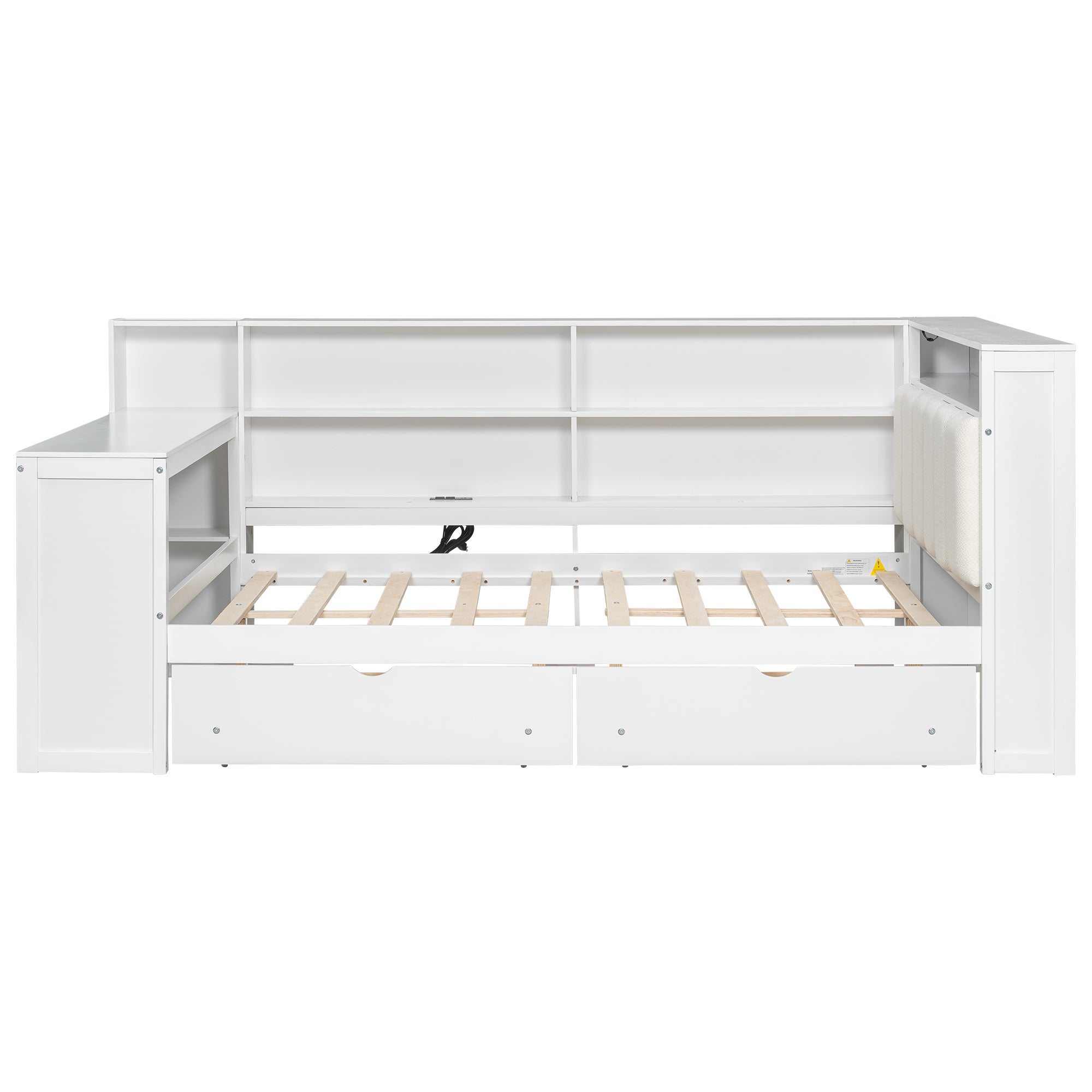 Wood Full Size Platform Bed with Storage Shelves, Drawers, Charging Station, LED, Desk and Upholstered Headboard in White+Beige Cushion