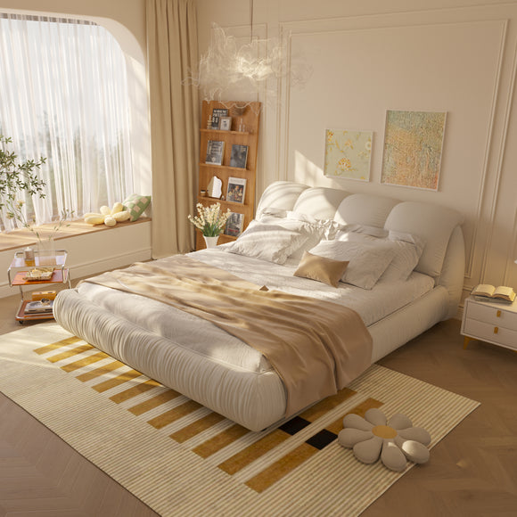 King Size Upholstered Platform Bed with Oversized Padded Backrest, Thickening Pinewooden Slats and Solid Wood Leg,Beige