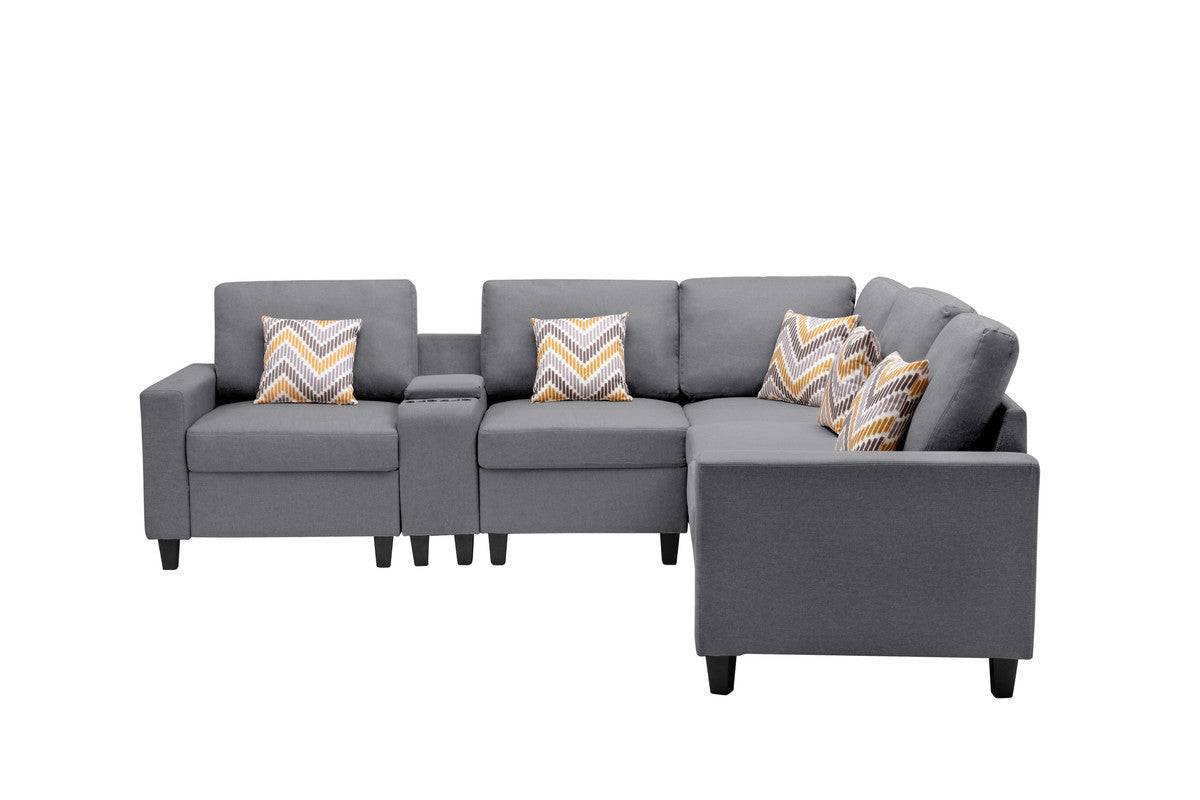 Nolan Gray Linen Fabric 6Pc Reversible Sectional Sofa with a USB, Charging Ports, Cupholders, Storage Console Table and Pillows and Interchangeable Legs