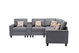 Nolan Gray Linen Fabric 6Pc Reversible Sectional Sofa with a USB, Charging Ports, Cupholders, Storage Console Table and Pillows and Interchangeable Legs