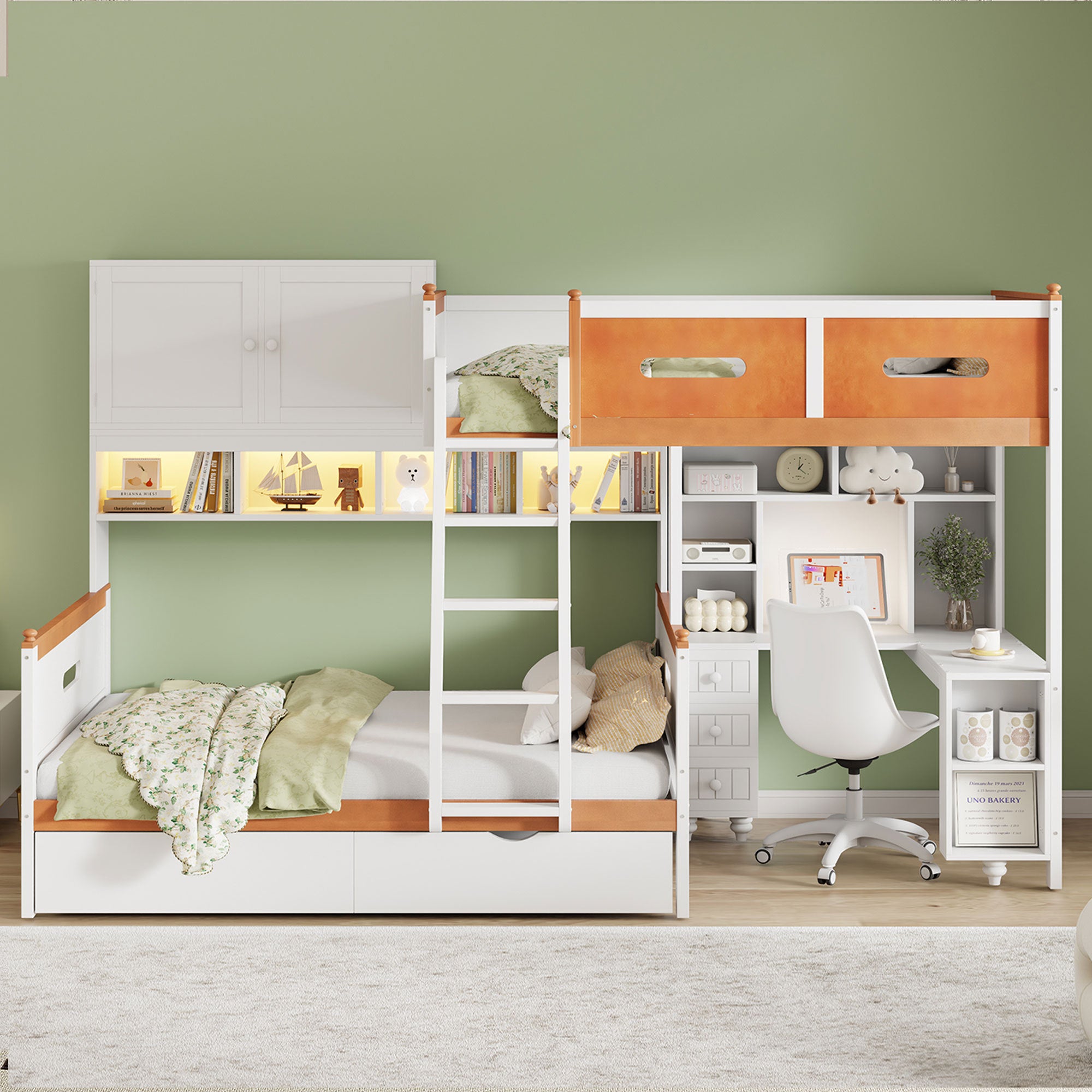 Twin Over Full Wooden Bunk Bed with Desk, Drawers, Shelves, and Cabinet, LED Light(White+Orange)