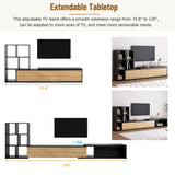 [VIDEO provided] ON-TREND Extendable TV Stand and Coffee Table, Set of 2, Media Console with 3 Tier Bookshelves for TVs up to 110'', Dual-tone Center Table with Sliding Tabletop for Living Room, Black