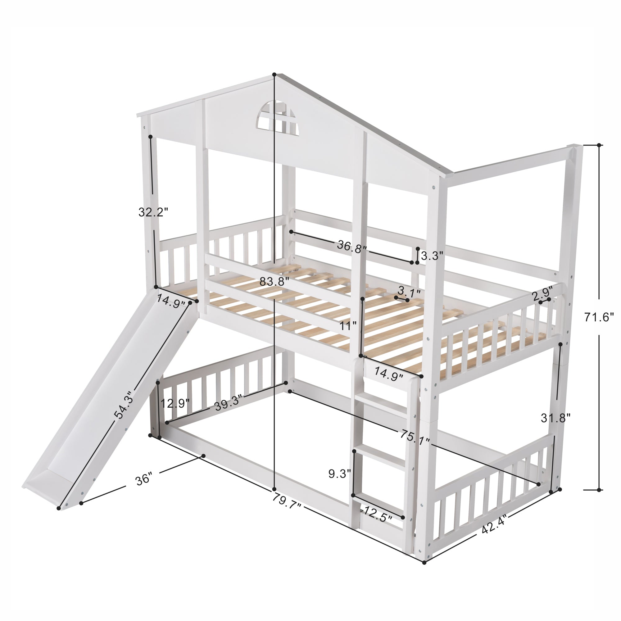 Twin over Twin House Bunk Bed with Convertible Slide and Ladder,Converts into 2 Separate Platform Beds,White