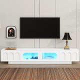 ON-TREND TV Stand with Fluted tempered Glass Doors for TVs Up to 95'', Functional Media Console with Arched Cabinet Doors, Entertainment Center with APP-Controlled LED Light for Living Room, White