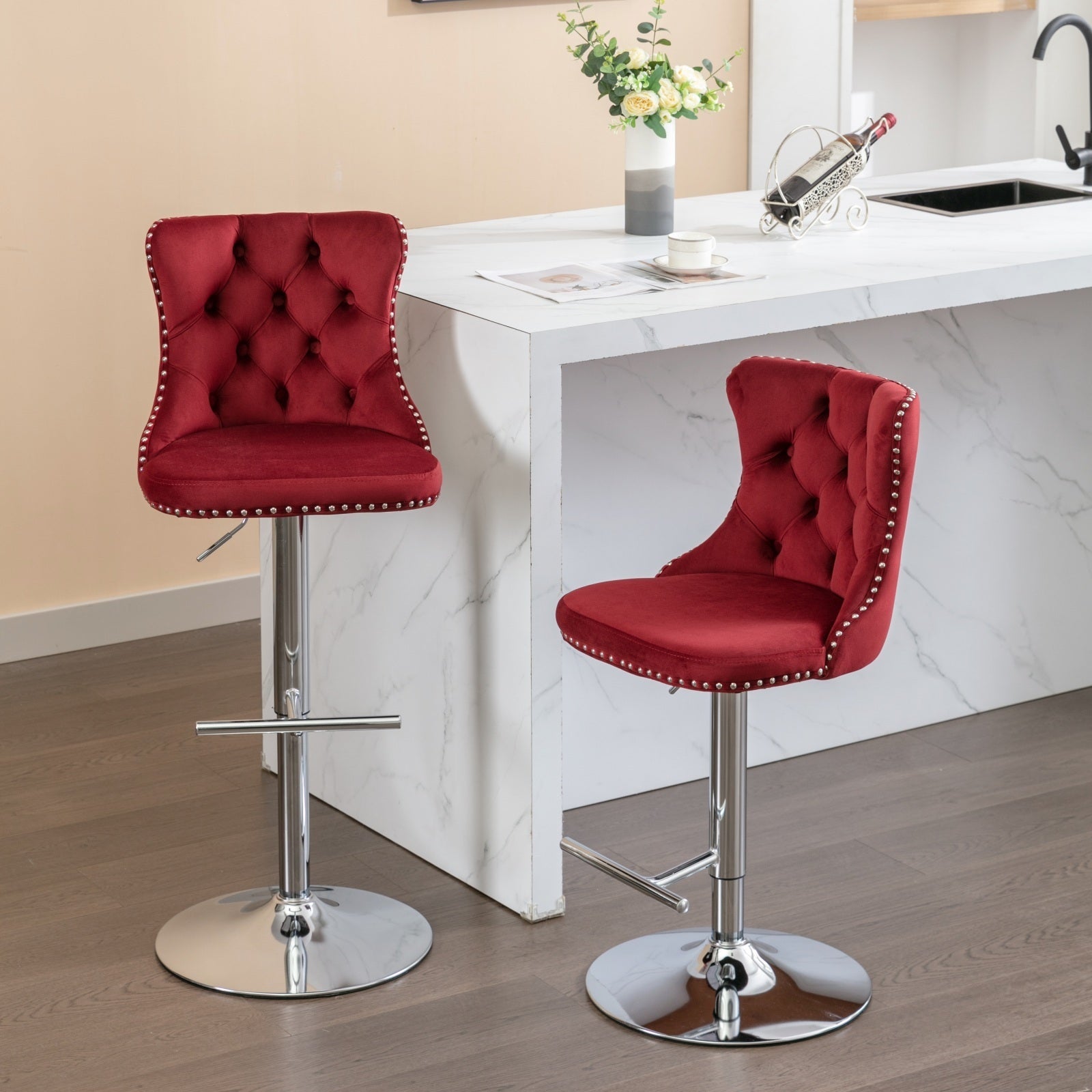 Swivel Velvet Barstools with Adjustable Seat Height, Chrome Base, Tufted Back, Wine Red, Velvet, Set of 2