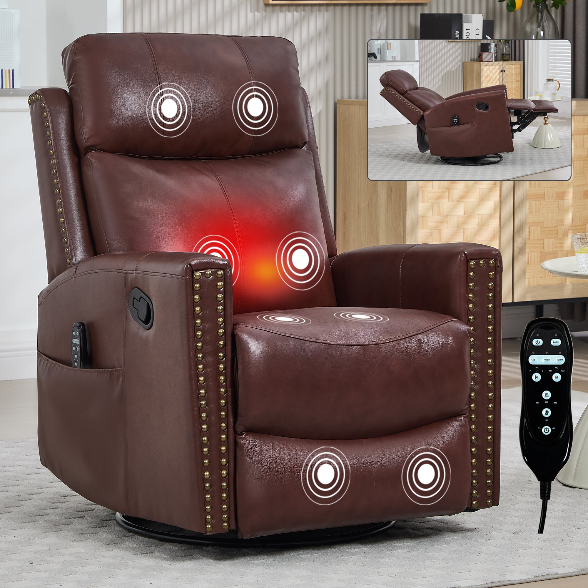 Wine Red Genuine Leather Heat Massage Manual Recliner Chair with Rocker and Swivel for Living Room