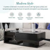 [VIDEO provided] ON-TREND Modern Coffee Table with Tempered Glass, Wooden Cocktail Table with High-gloss UV Surface, Modernist 2-Tier Rectangle Center Table for Living Room, Black