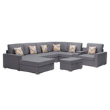 Nolan Gray Linen Fabric 8Pc Reversible Chaise Sectional Sofa with Interchangeable Legs, Pillows, Storage Ottoman, and a USB, Charging Ports, Cupholders, Storage Console Table