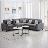 Nolan Gray Linen Fabric 6Pc Reversible Sectional Sofa with a USB, Charging Ports, Cupholders, Storage Console Table and Pillows and Interchangeable Legs