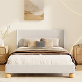 Modern Boucle Upholstered Platform Bed with Wingback Headboard and Round Wooden Legs, Beige,King Size