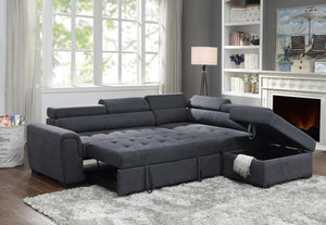 Haris 97" Dark Gray Fabric Sleeper Sofa Sectional with Adjustable Headrest and Storage Ottoman