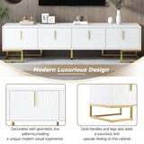 ON-TREND Modern TV Stand with Metal Legs and Gold Handles for TVs Up to 80'', Media Console Table with Cabinets and Adjustable Shelves, Luxury TV Cabinet with Geometric Lines for Living Room, White