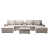 Nolan Beige Linen Fabric 6Pc Double Chaise Sectional Sofa with Interchangeable Legs, Storage Ottoman, Pillows, and a USB, Charging Ports, Cupholders, Storage Console Table