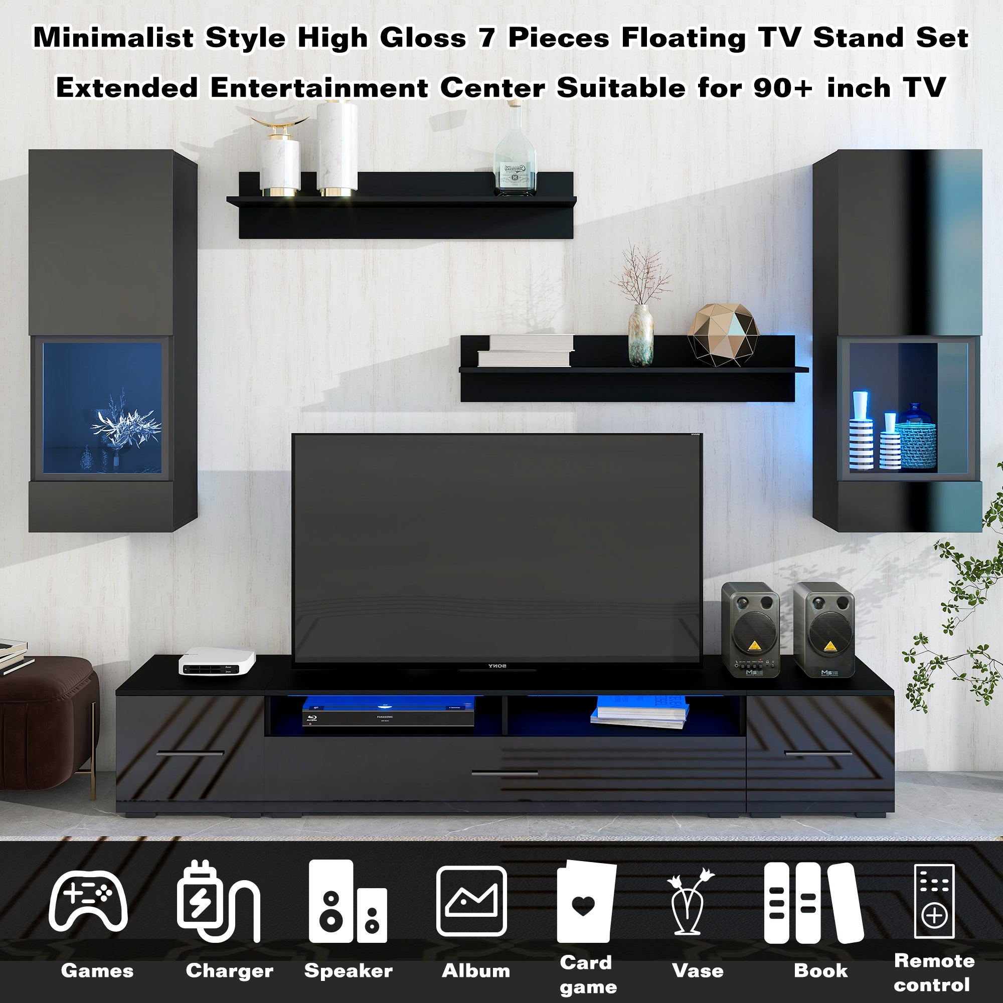 ON-TREND Extended, Minimalist Style 7 Pieces Floating TV Stand Set, High Gloss Wall Mounted Entertainment Center with 16-color LED Light Strips for 90+ inch TV, Black