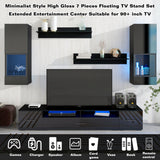 ON-TREND Extended, Minimalist Style 7 Pieces Floating TV Stand Set, High Gloss Wall Mounted Entertainment Center with 16-color LED Light Strips for 90+ inch TV, Black