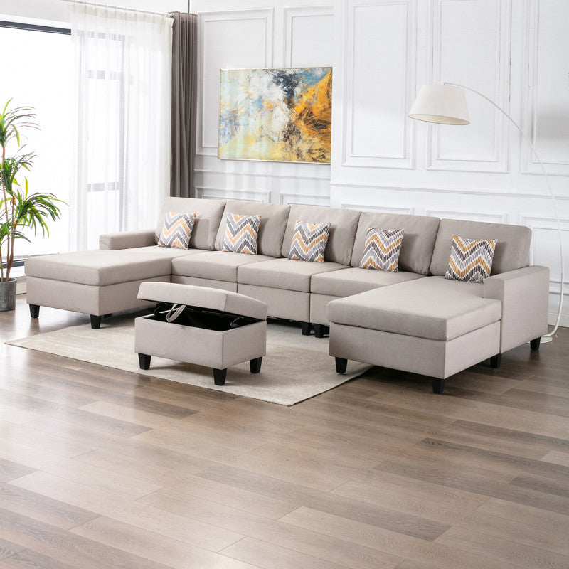 Nolan Beige Linen Fabric 6Pc Double Chaise Sectional Sofa with Interchangeable Legs, Storage Ottoman, and Pillows