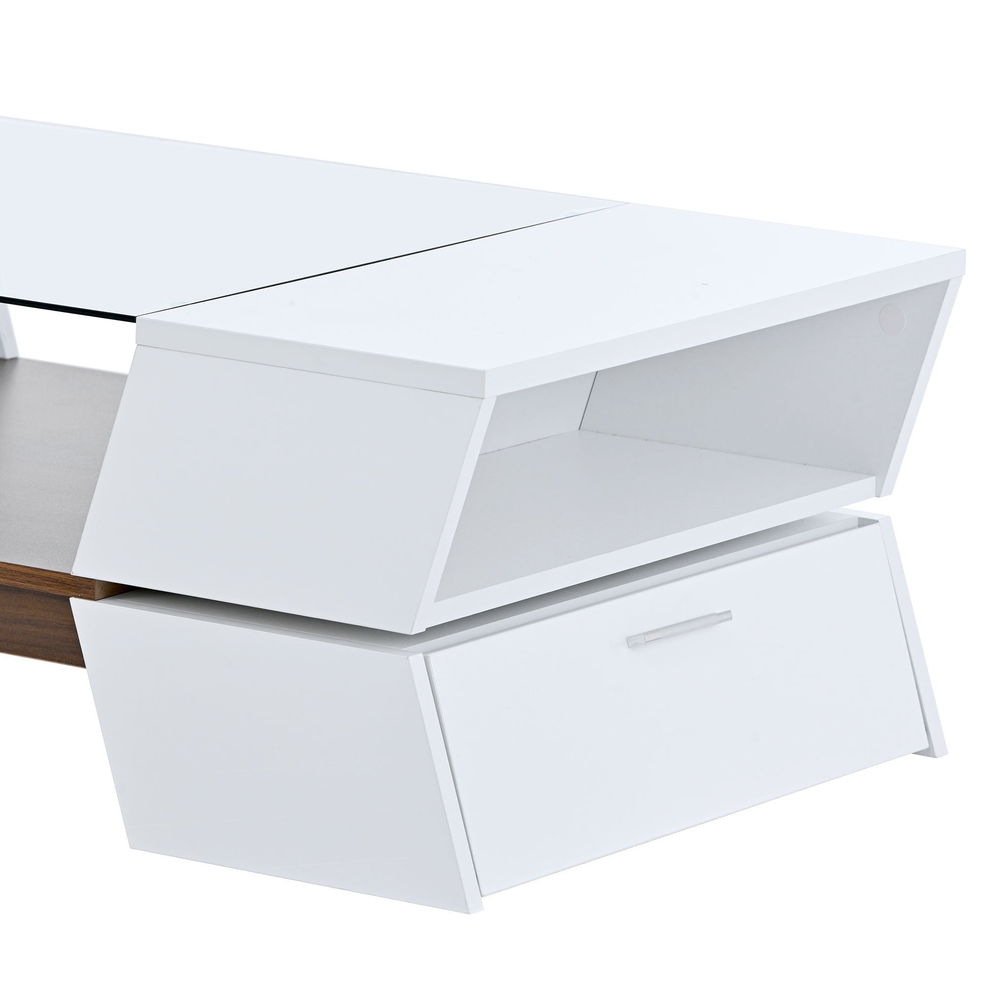 [VIDEO provided] ON-TREND 6mm Glass-Top Coffee Table with Open Shelves and Cabinets, Geometric Style Cocktail Table with Great Storage Capacity, Modernist 2-Tier Center Table for Living Room, White