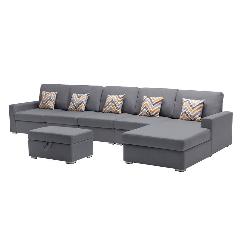 Nolan Gray Linen Fabric 6Pc Reversible Sectional Sofa Chaise with Interchangeable Legs, Pillows and Storage Ottoman