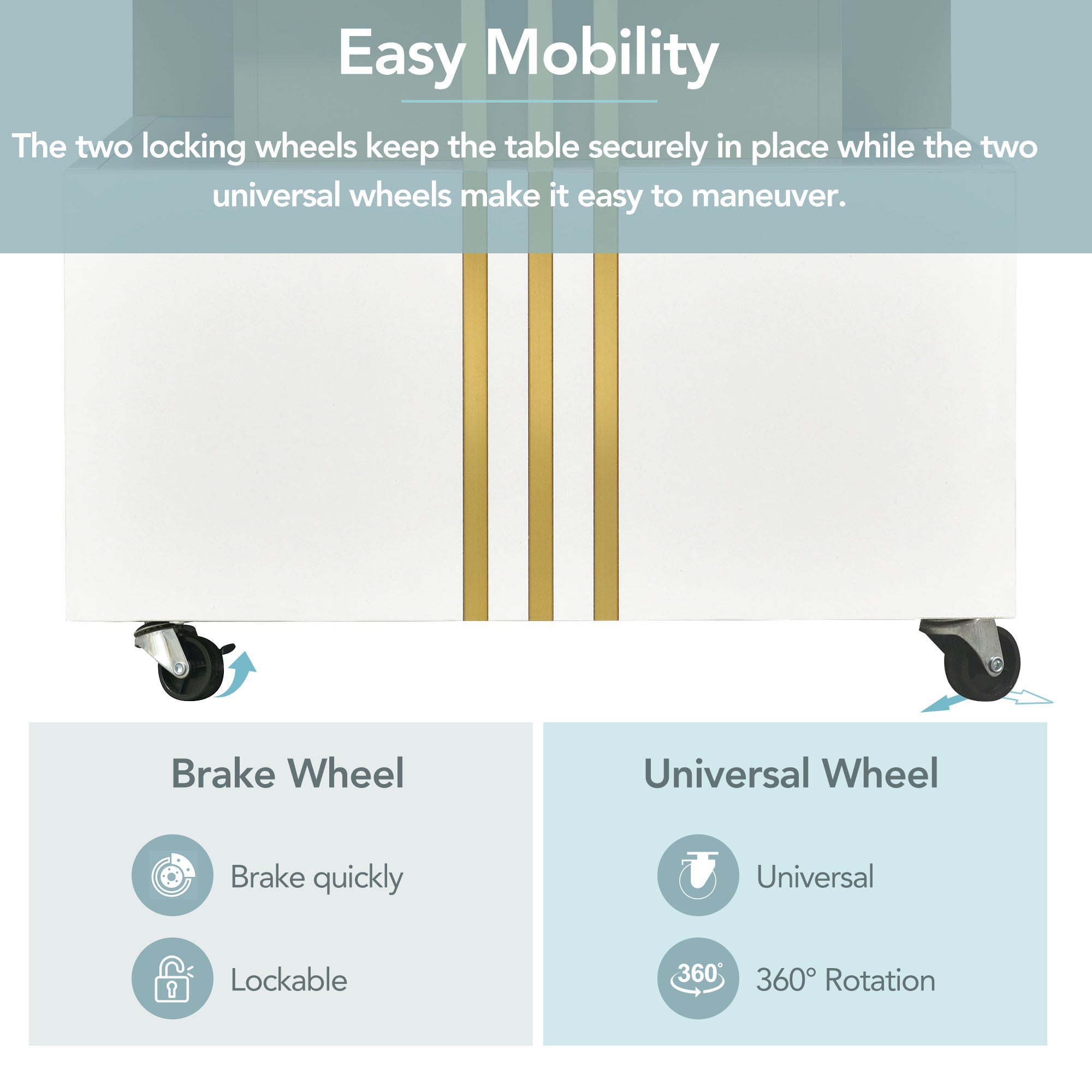 [VIDEO provided] ON-TREND Contemporary Coffee Table with Faux Marble Top, Rectangle Cocktail Table with Caster Wheels, Moderate Luxury Center Table with Gold Metal Bars for Living Room, White