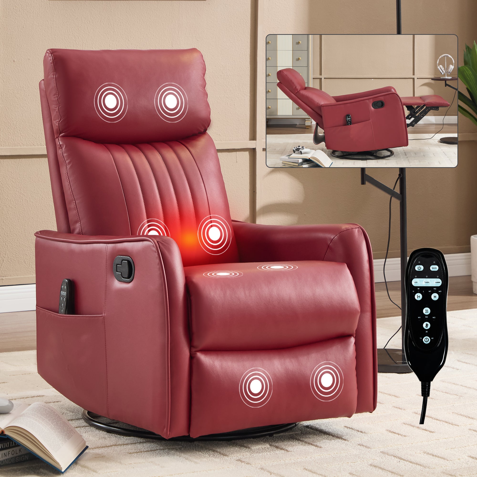 Red Faux Leather Heat Massage Manual Recliner Chair with Rocker and Swivel for Living Room